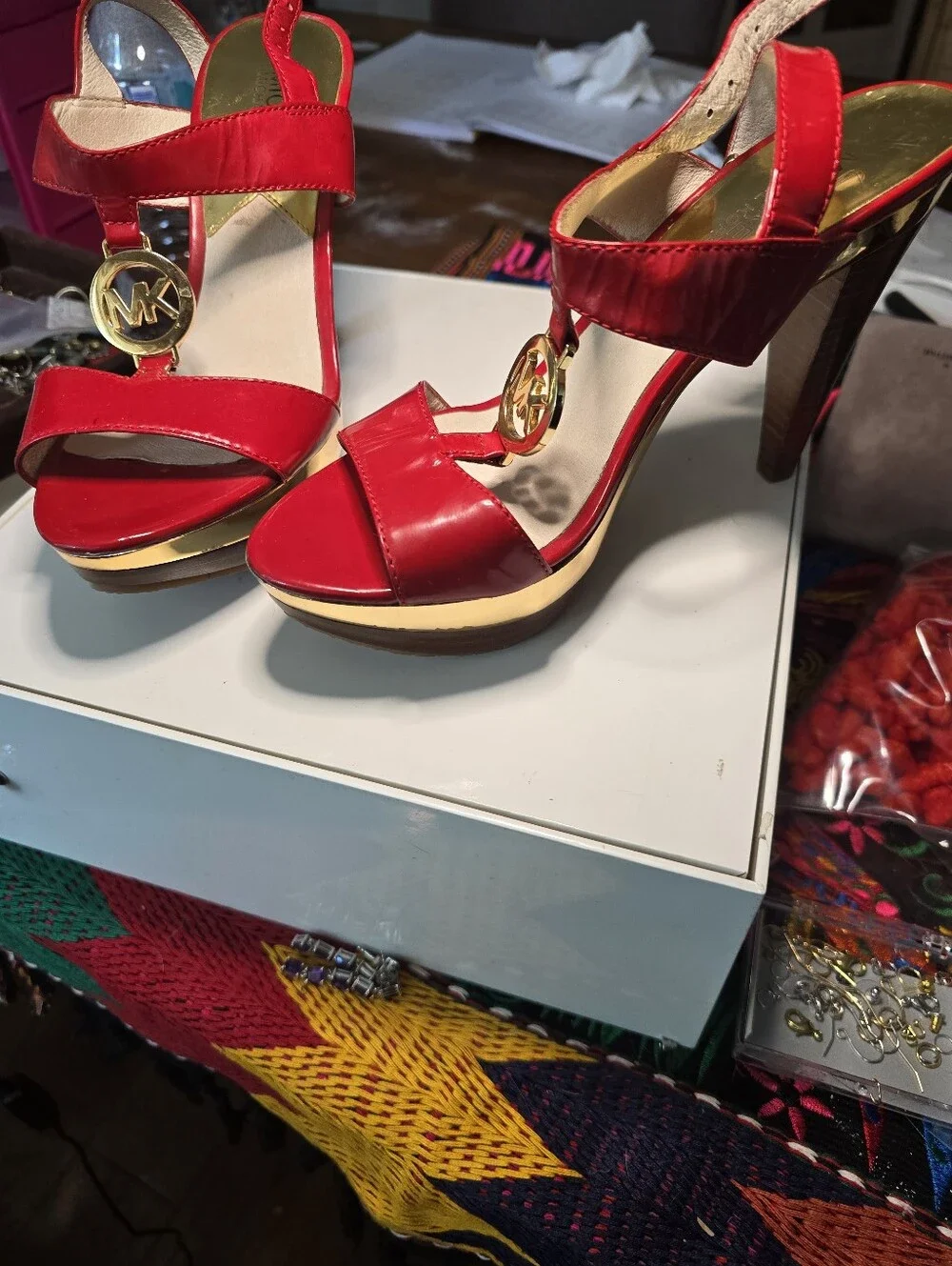 💥💥💥SALE!!!Michael Kors Red Patent Leather T-Strap Heels with Gold MK Accent